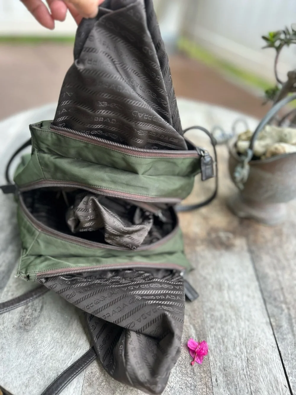 Authentic Prada  Vintage Olive Green Nylon Tote with Dark Brown Leather Straps - Picture 12 of 16